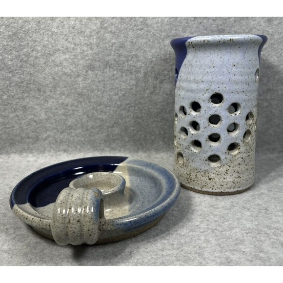 Pottery Candlestick Holder With Luminary Votive Shade Stoneware Blue Glaze 2 Pc - Picture 5 of 14